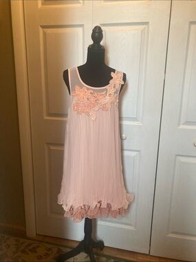 Ryu Light Pink Sleeveless Floral Applique Pleated Dress..size S